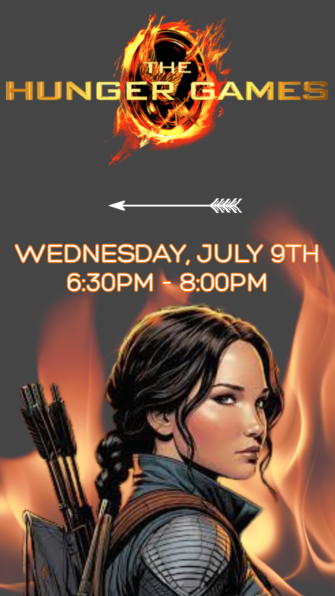 cartoon katniss everdeen, the hunger games logo, and program details