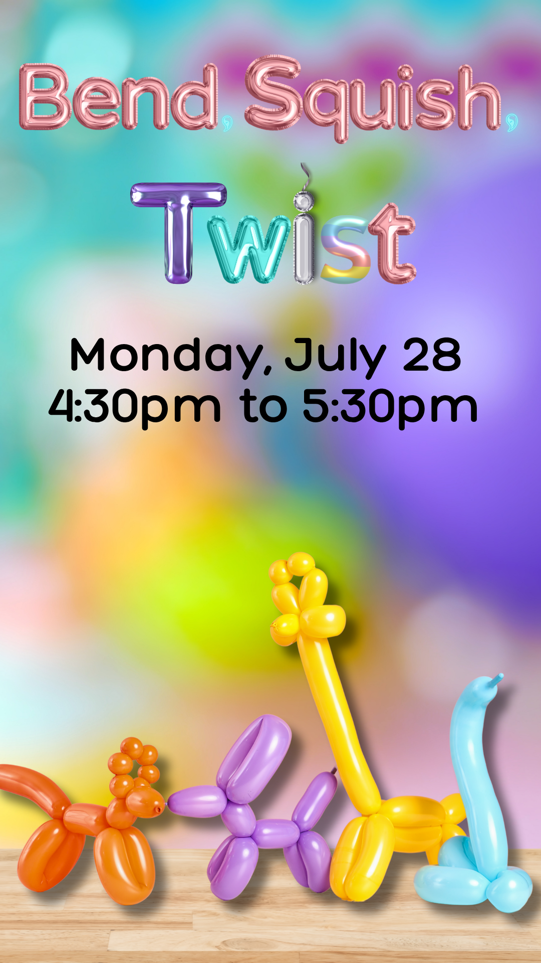 balloon animals on a shelf, balloon letters and program details