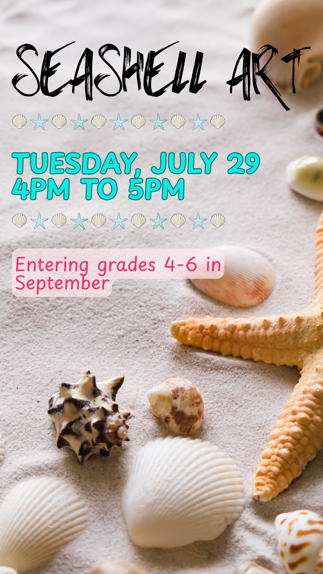 Seashell and sand background with program details