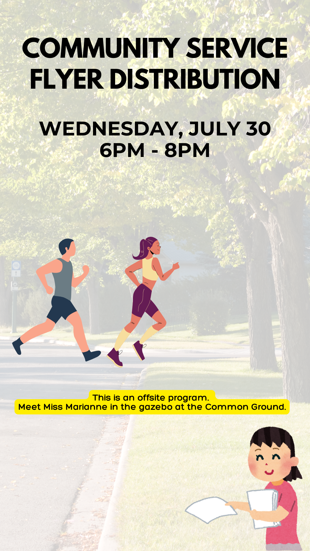outside background with two runners and a girl giving out flyers, and program details