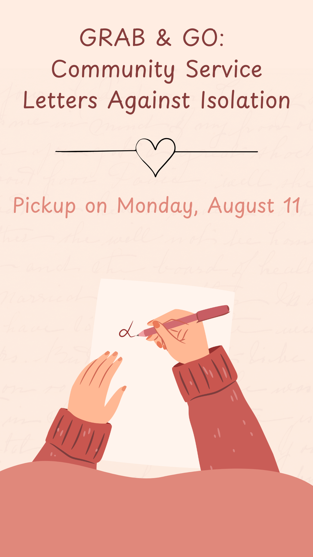 pink background with two arms writing a letter and program details