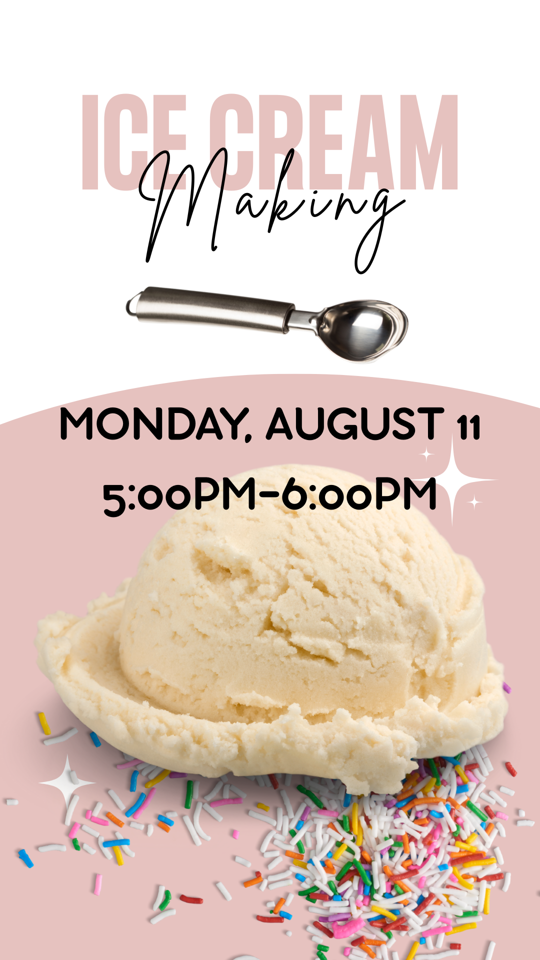 scoop of vanilla ice cream on top of sprinkles with an ice cream scooper and program details