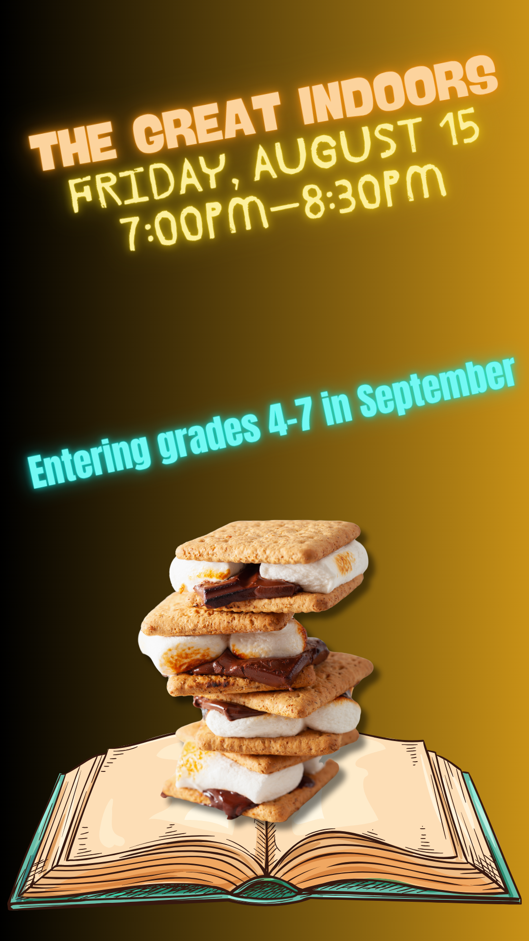 an open book with s'mores on top of it and program details
