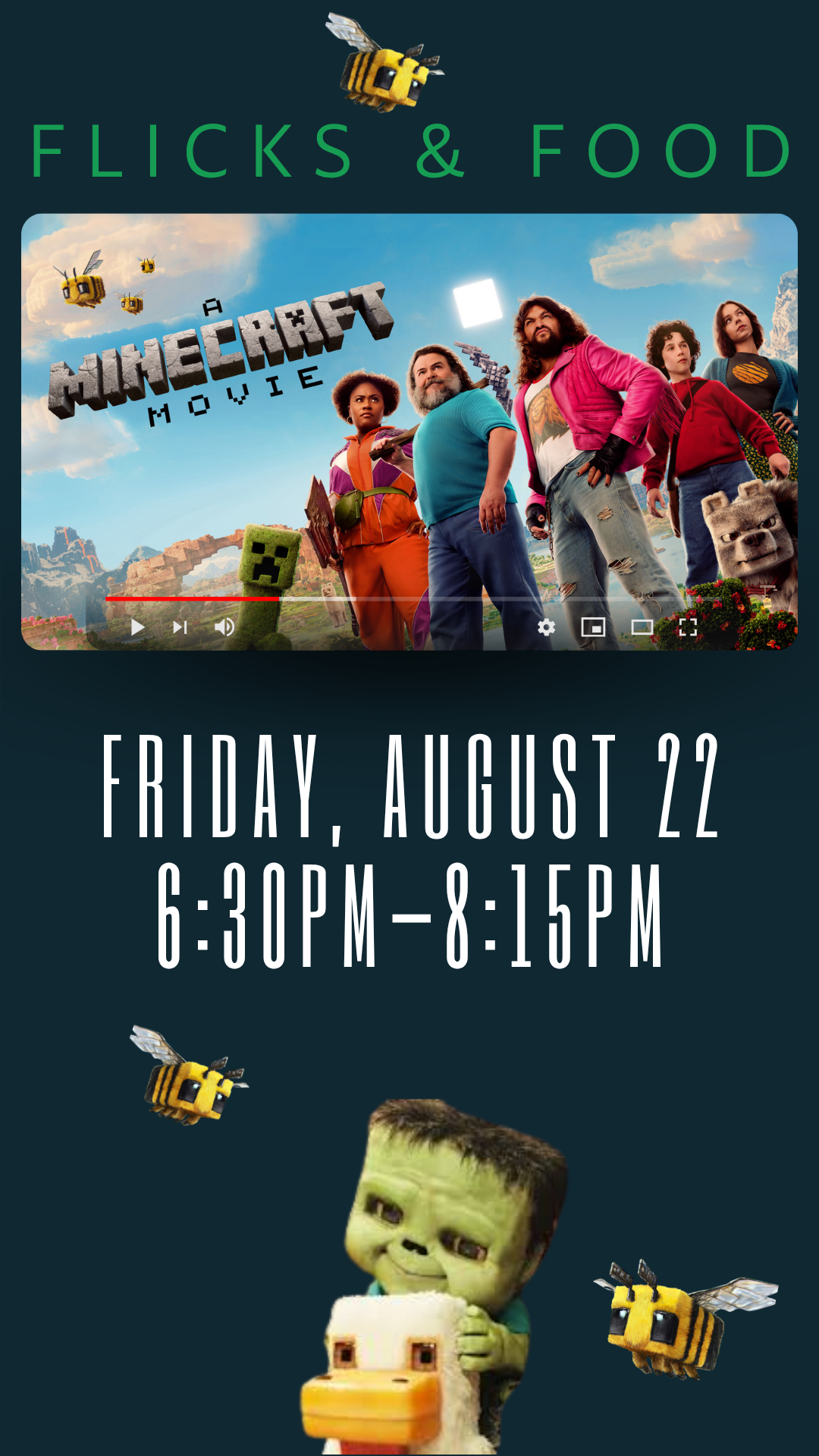 a still from a minecraft movie, chicken jockey, bees, and program details