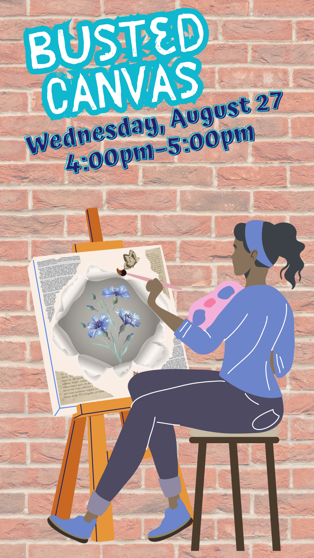 brick wall background, teen girl painting on a canvas and program details