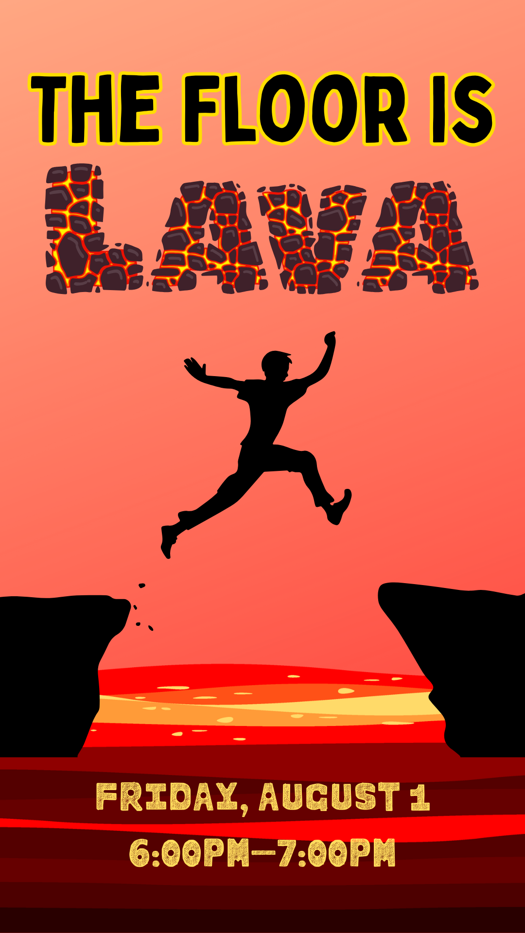 red background, lava on the ground with someone jumping over it, and program details
