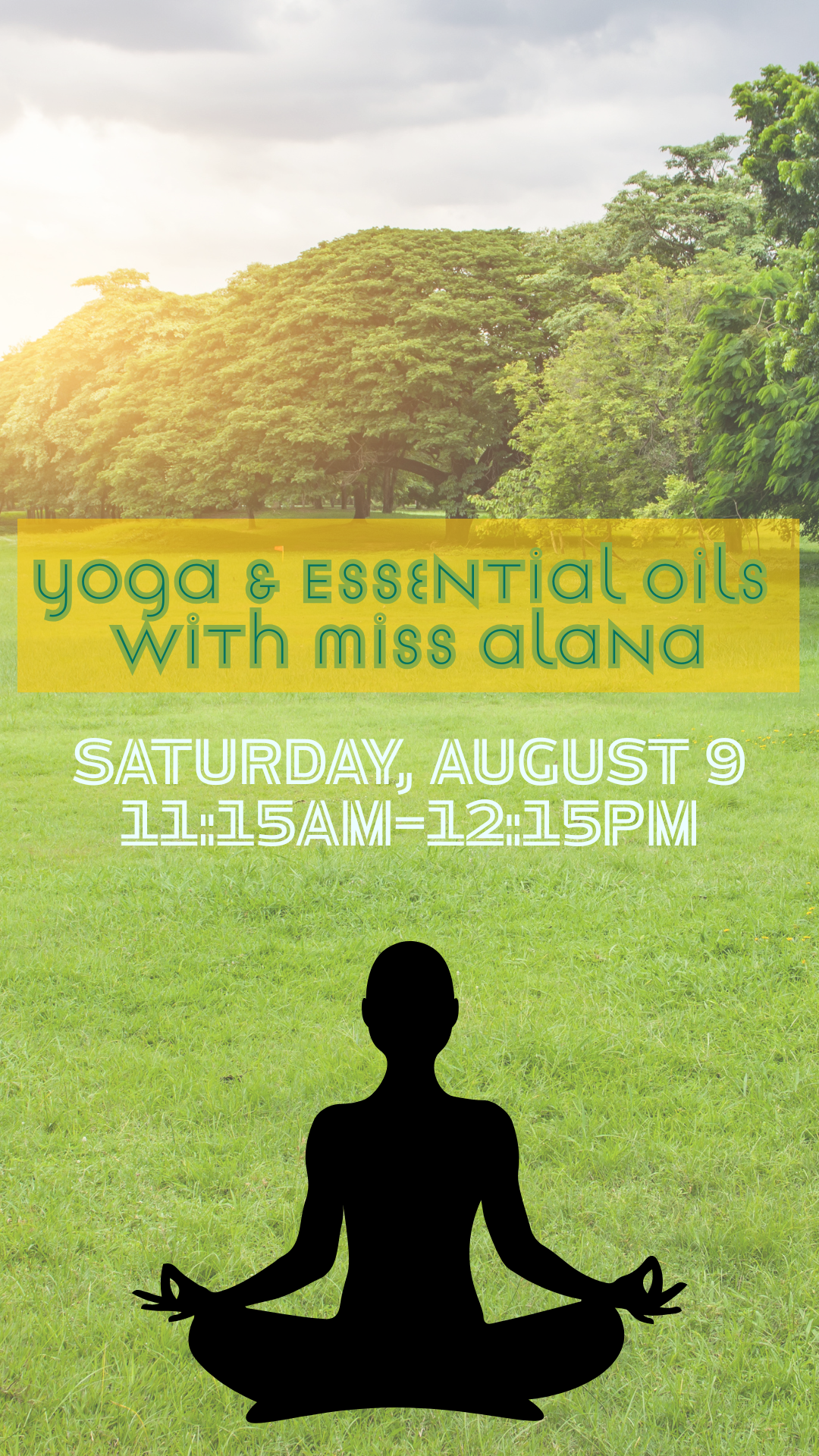 grass and trees background with black outline in a yoga position and program details