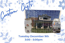 Image of a puzzle, a drink, koozie, and a glass tumbler next to a description of the program.