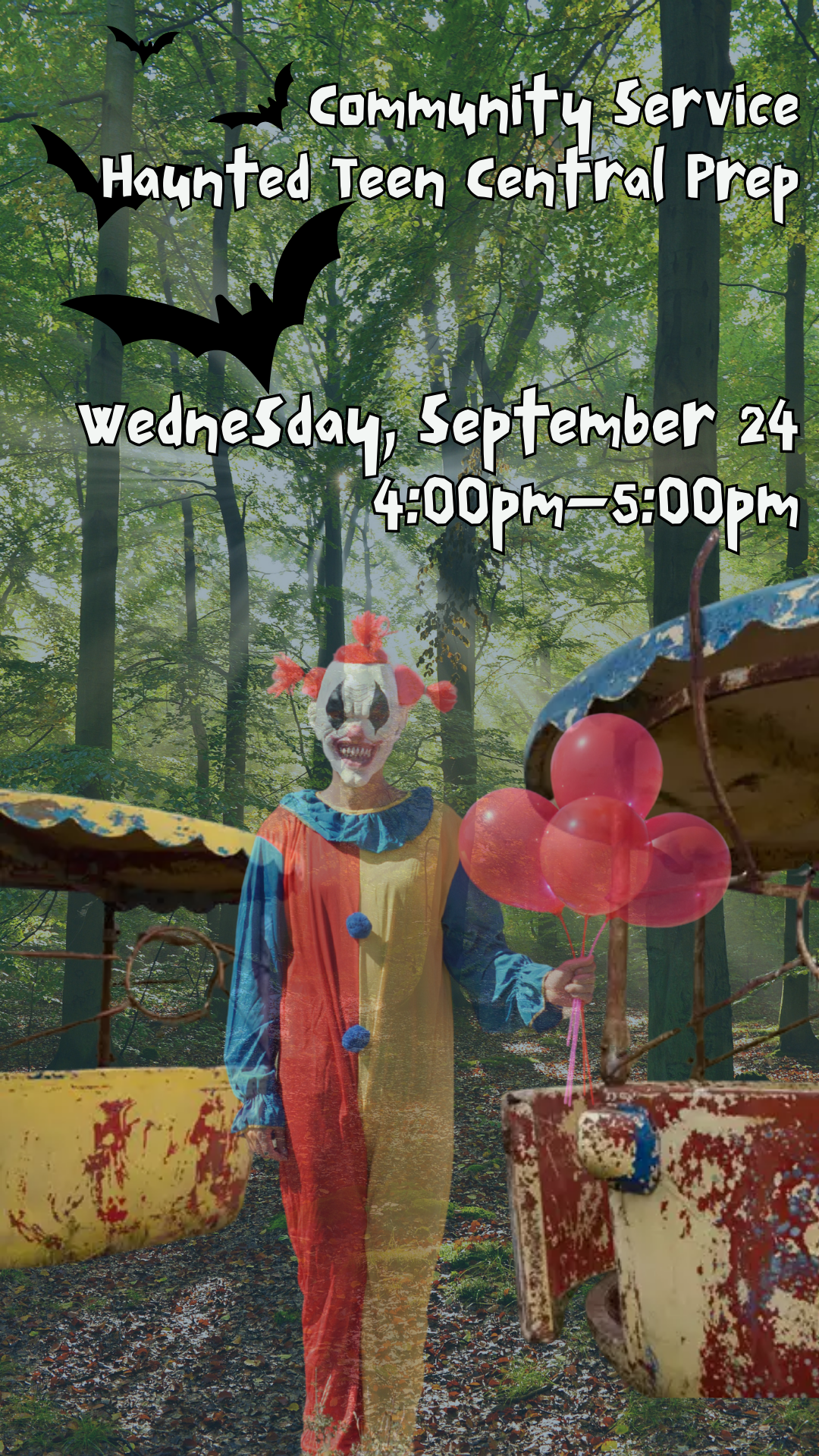 creepy woods with clown and abandoned carnival ride and program details
