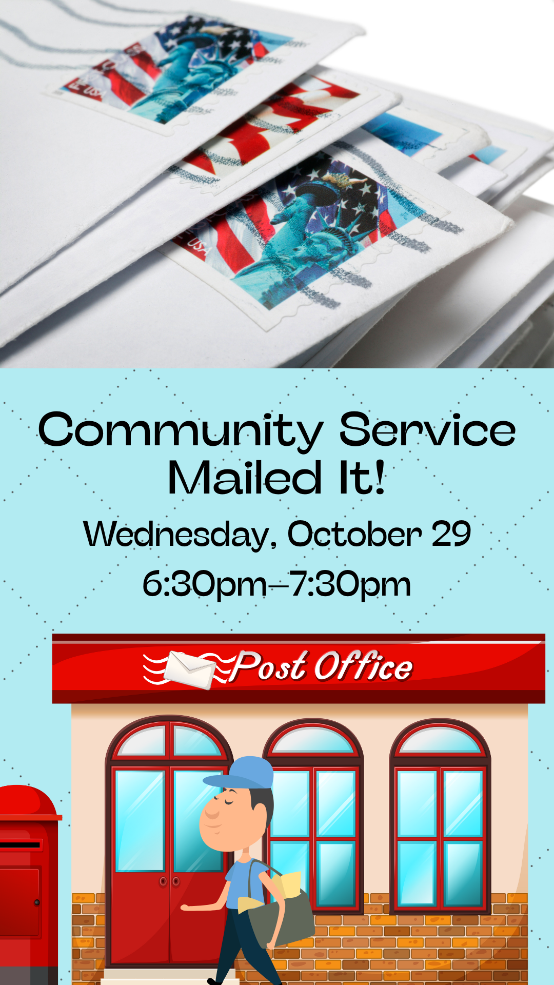 cartoon post office and mail bag with program details