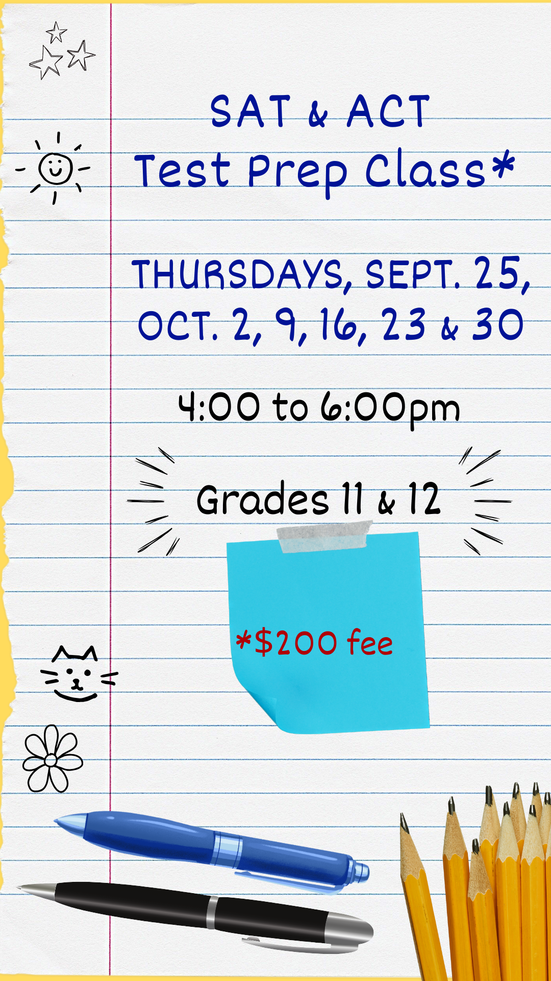 program details and doodles on a sheet of loose leaf with a pencils and pens.