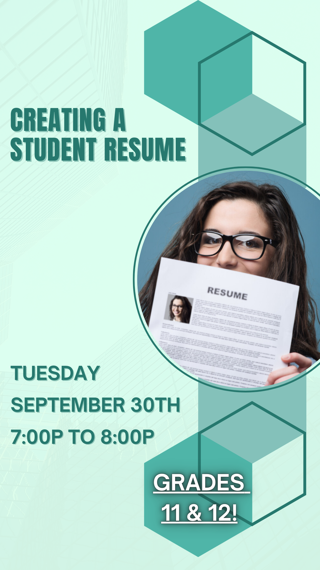 female teen with glasses holding up a resume and program details