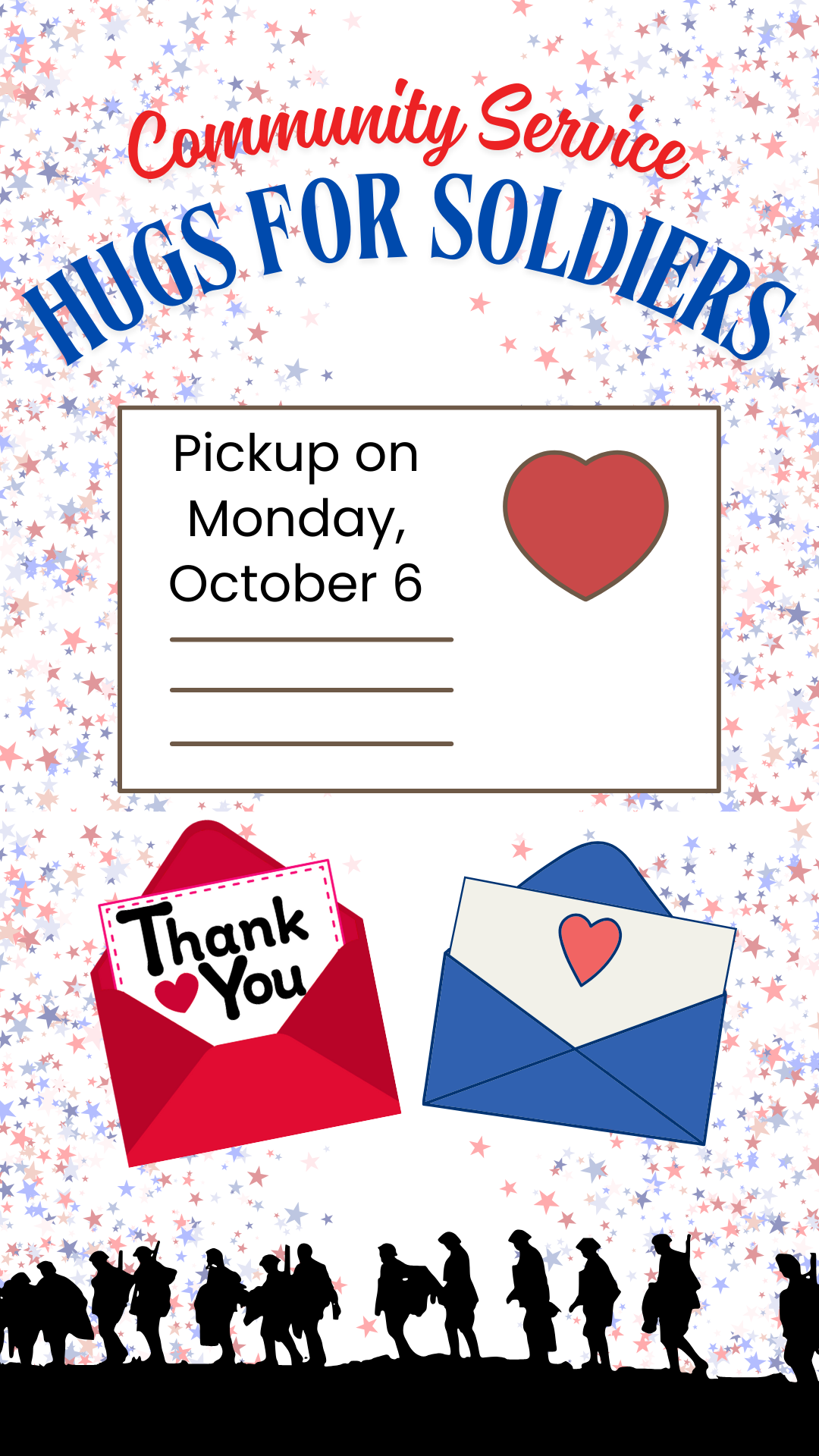 envelopes, hearts, silhouettes of military, and program details