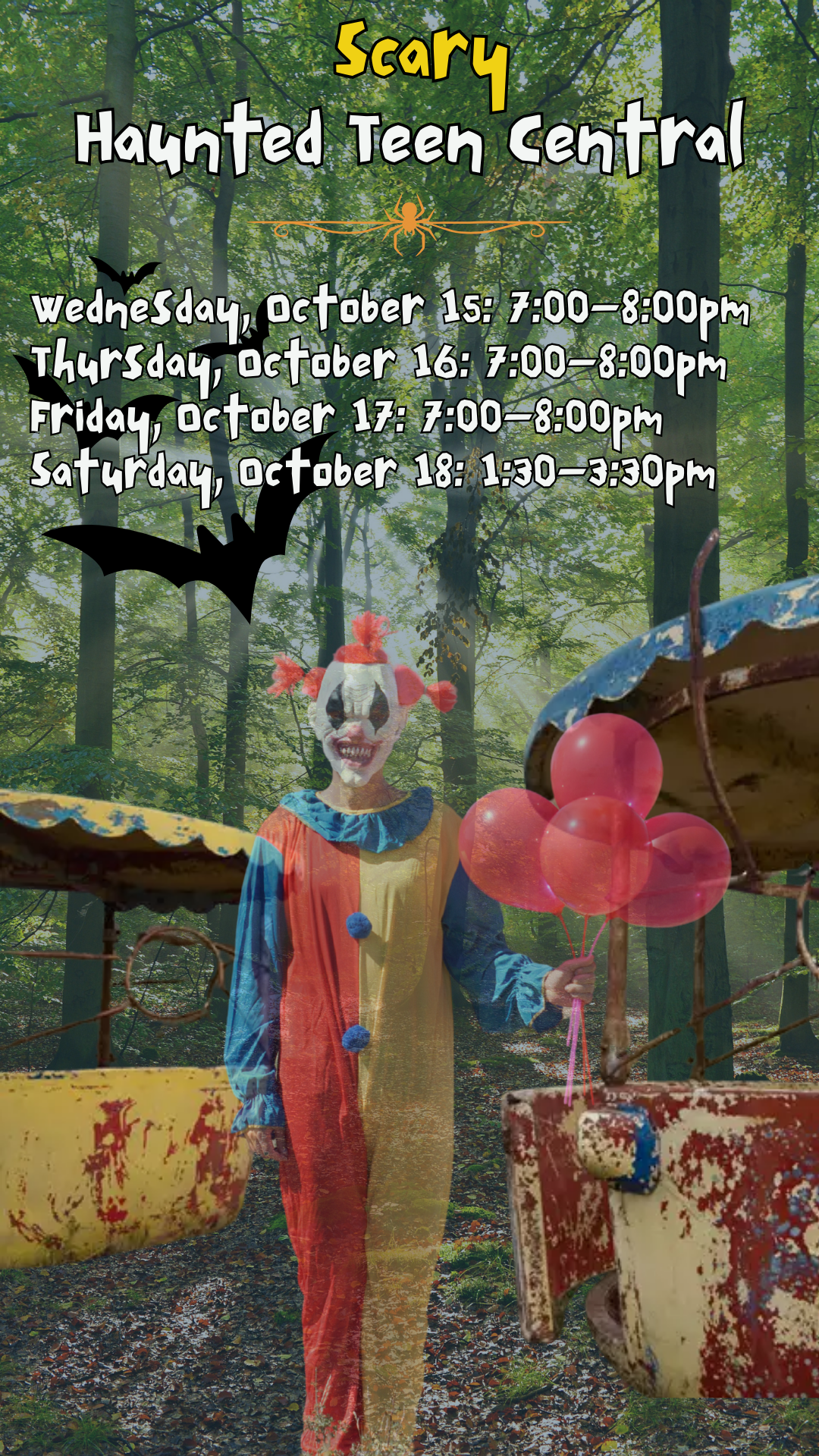 creepy woods, clown, abandoned carnival ride, and program details