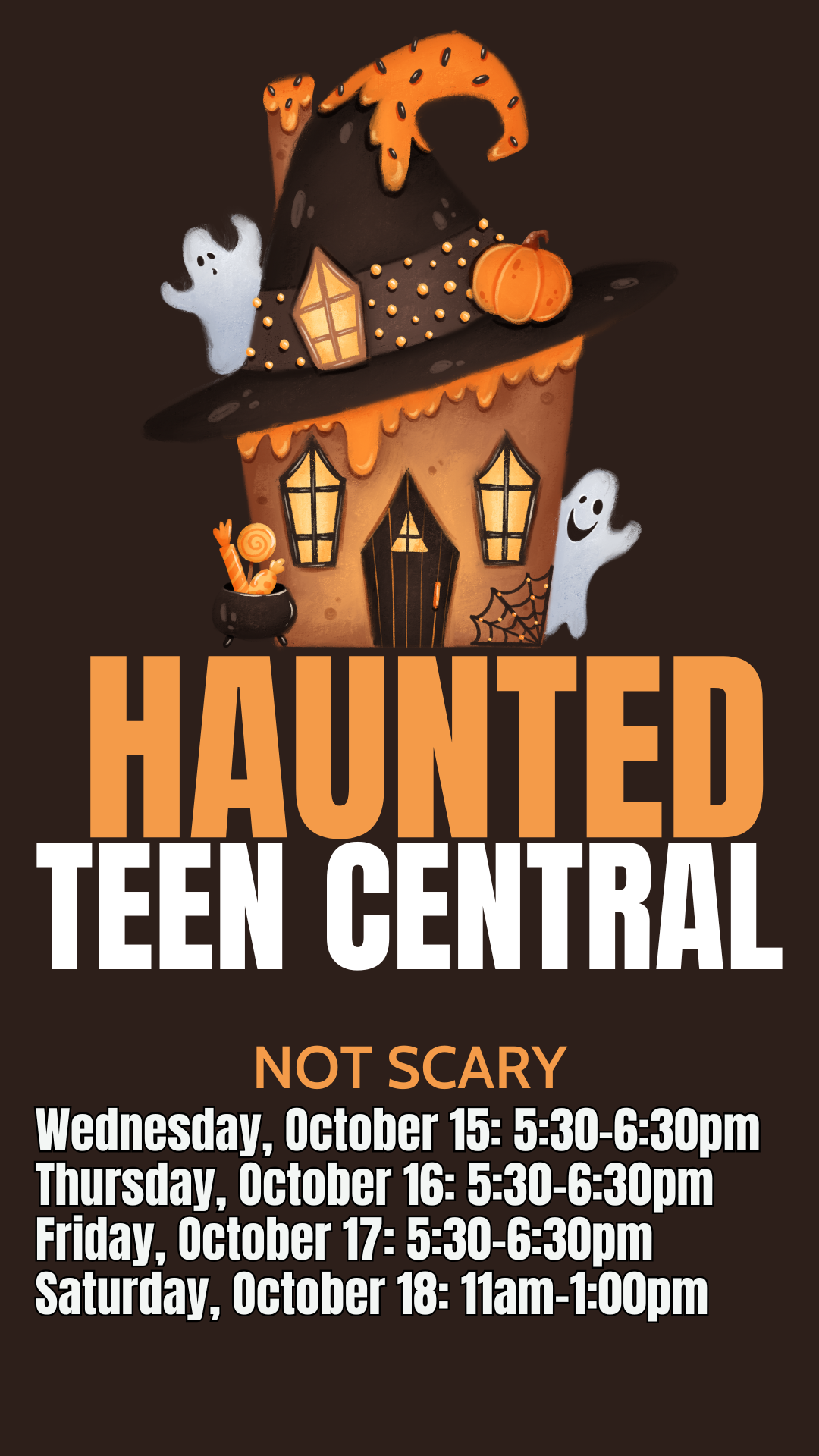 cartoon haunted house with ghosts and program details