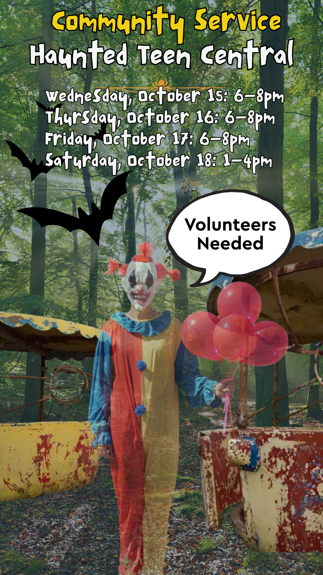 background of woods, creepy clown, abandoned carnival ride, and program details