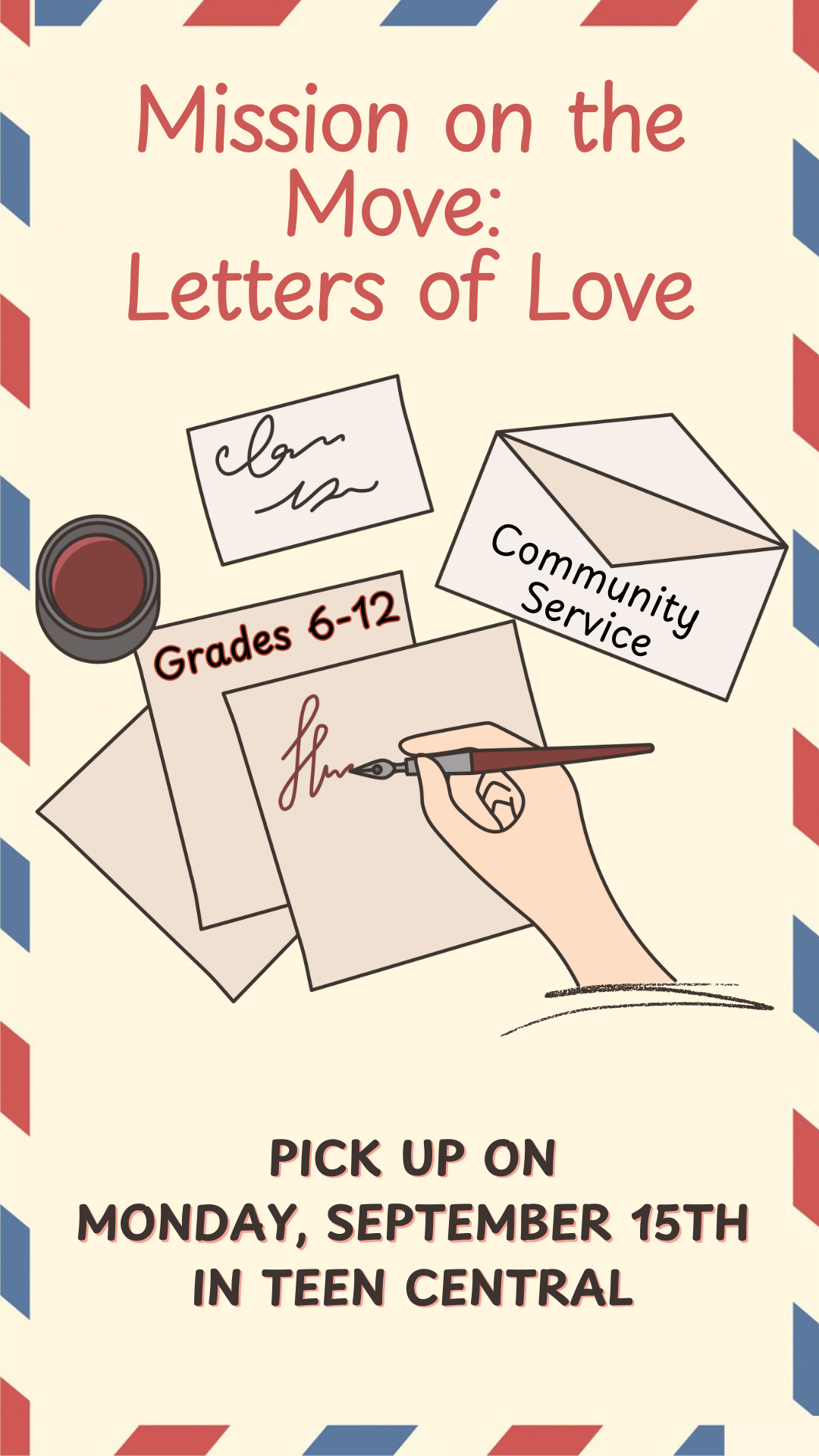 cartoon hand writing a letter and program details