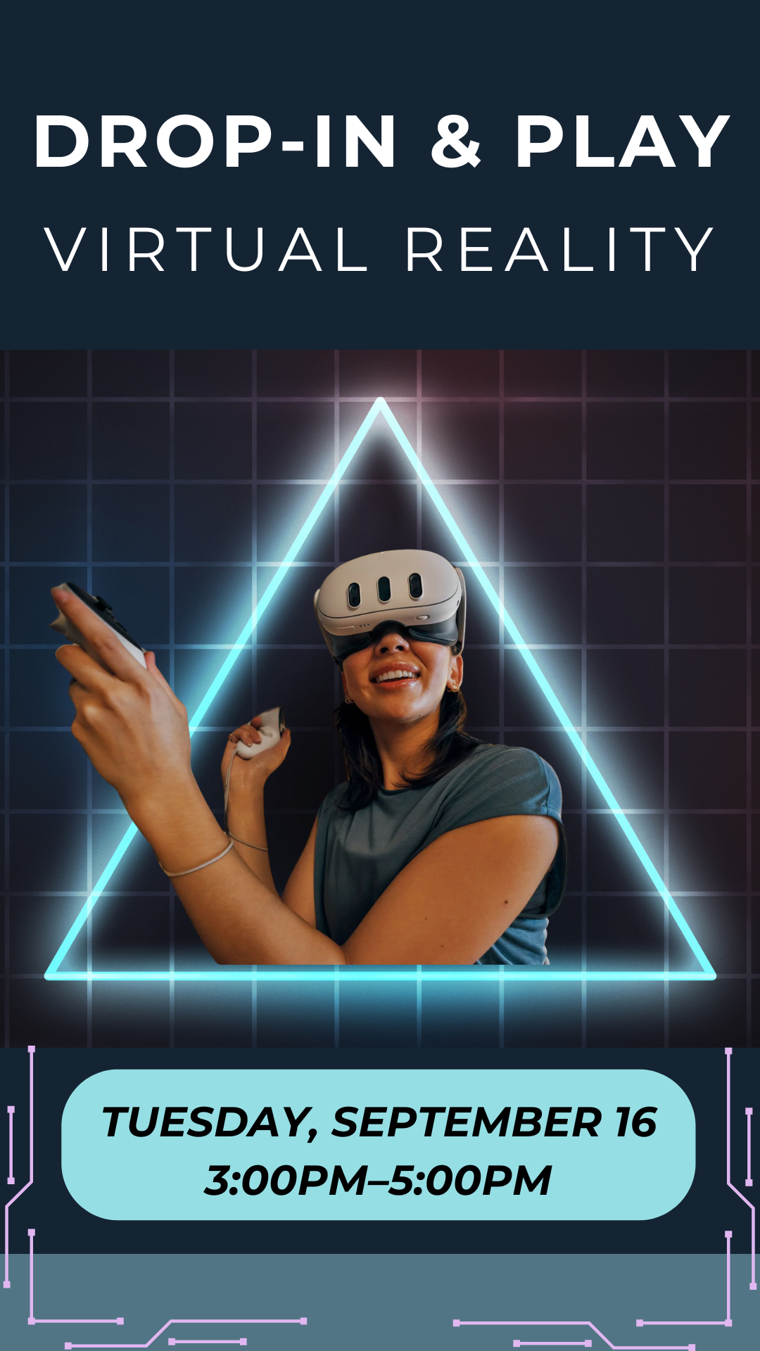 teen playing virtual reality with program details