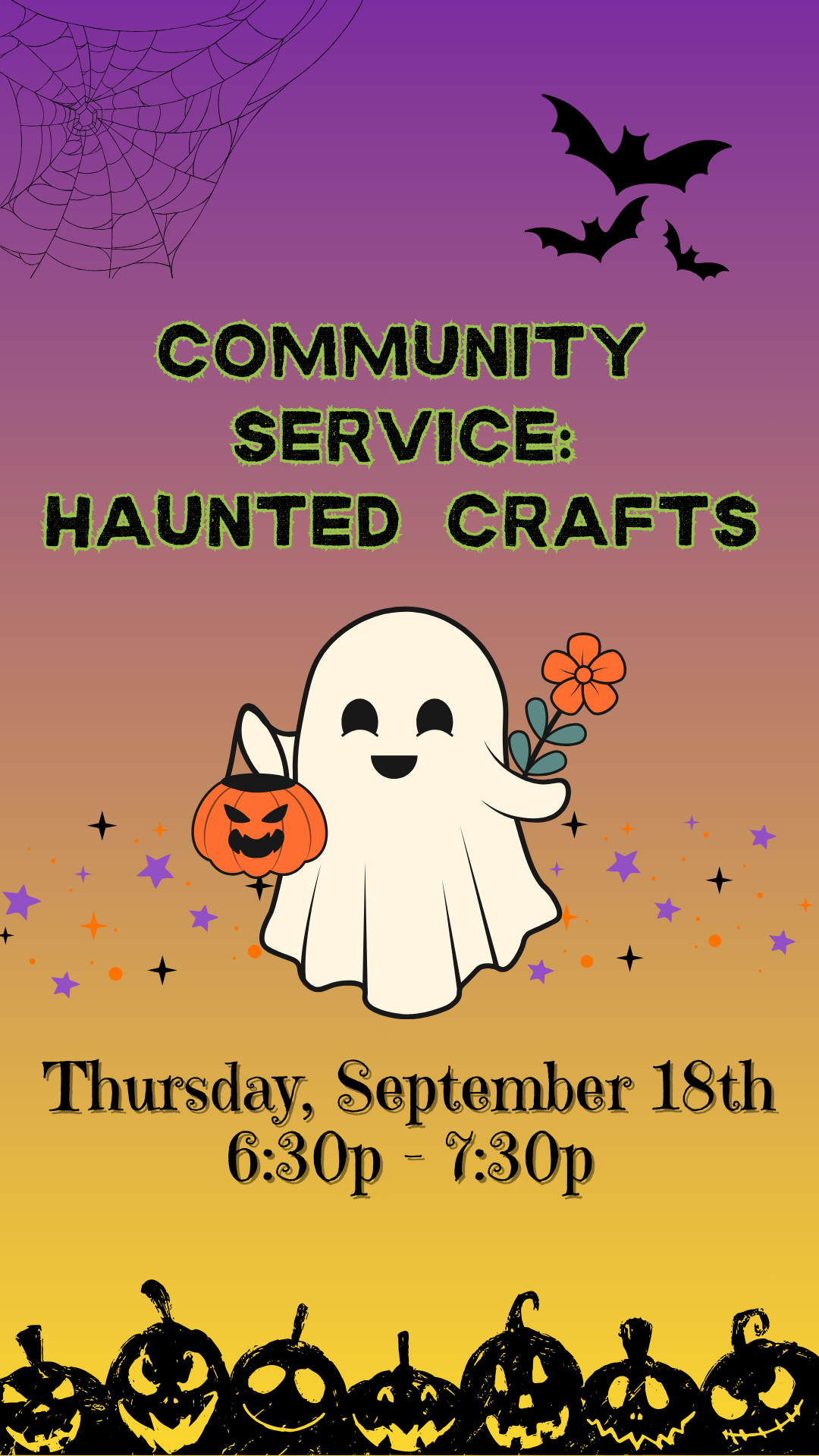 cartoon ghost, pumpkins, bats, spider web, and program details