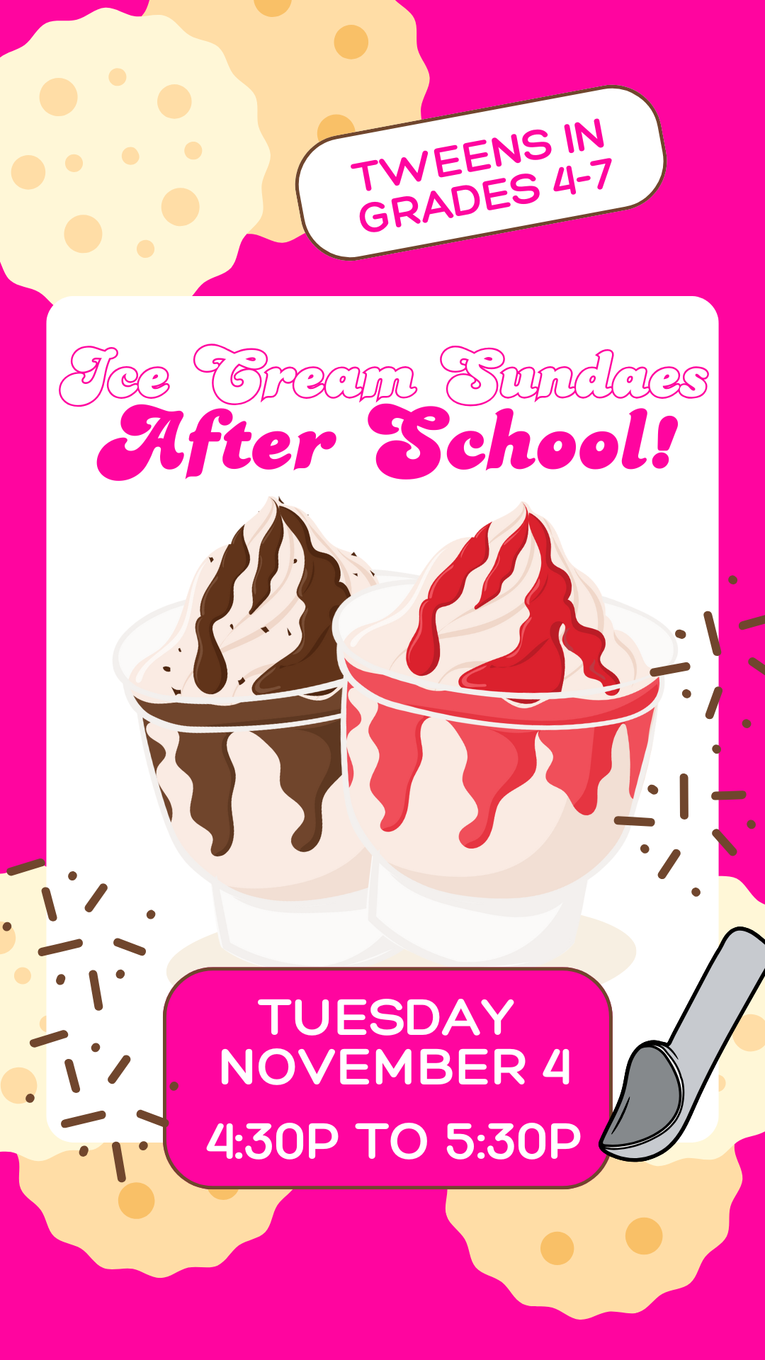 hot pink background with cartoon ice cream sundaes and program details