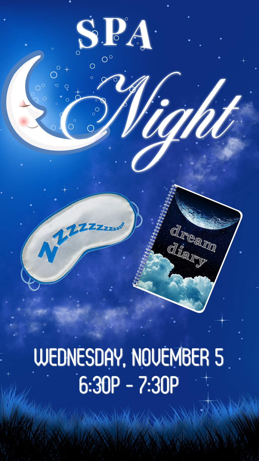nighttime background with cartoon crescent moon, eye mask, and dream journal and program details