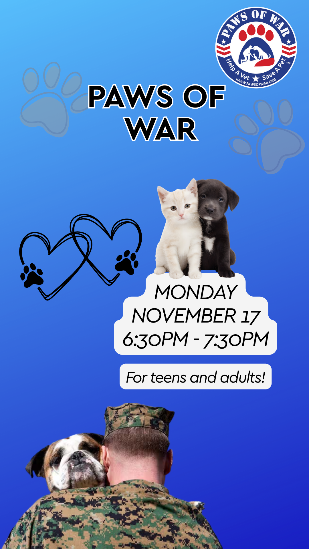blue background, person in army fatigues holding a dog, kittens with program details