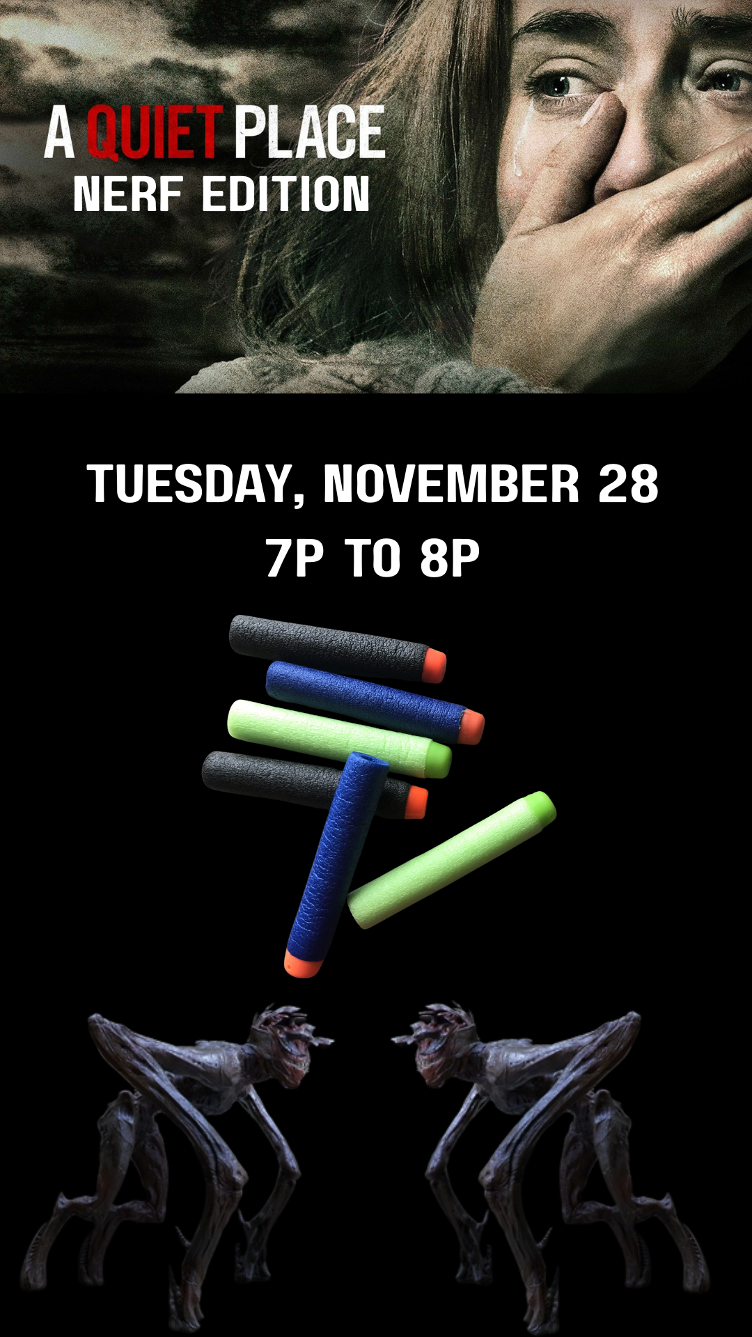 black background, a quiet place movie logo and screen shot, bullets, with program details