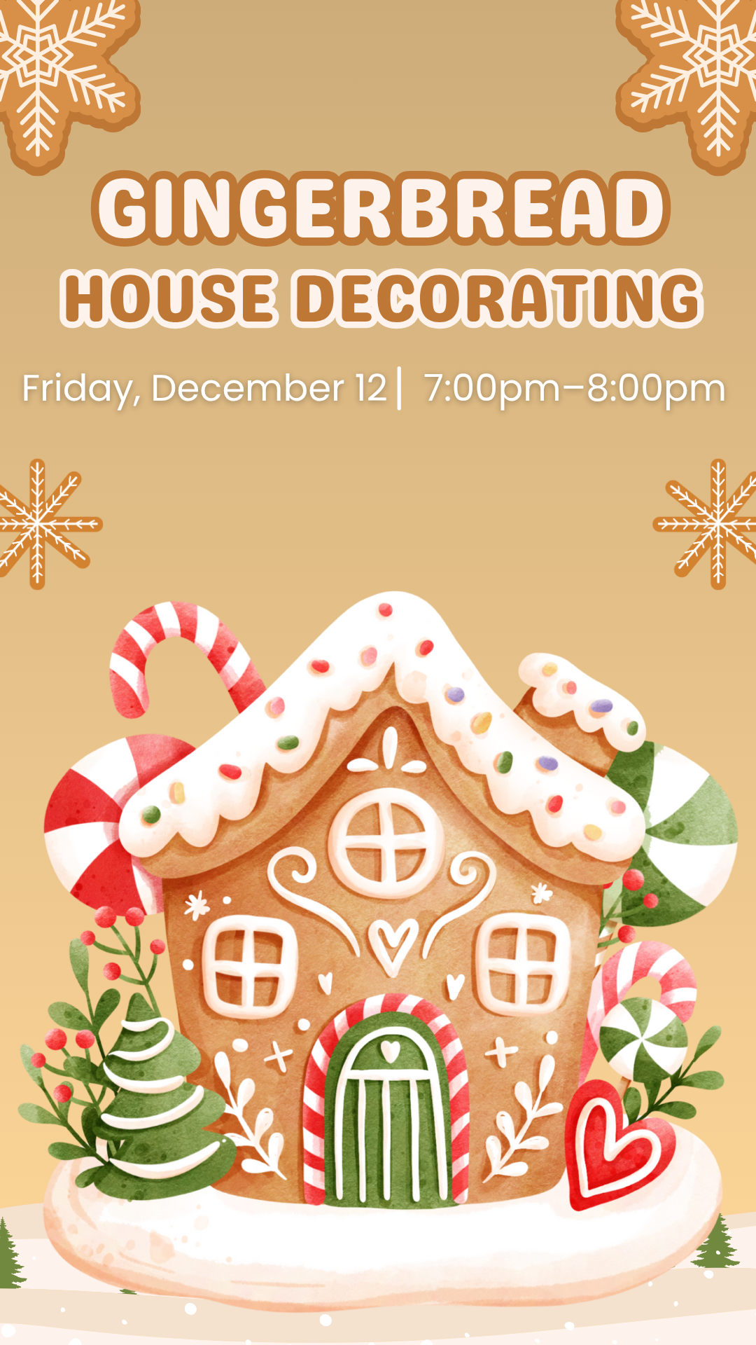 cartoon gingerbread house with brown background and program details