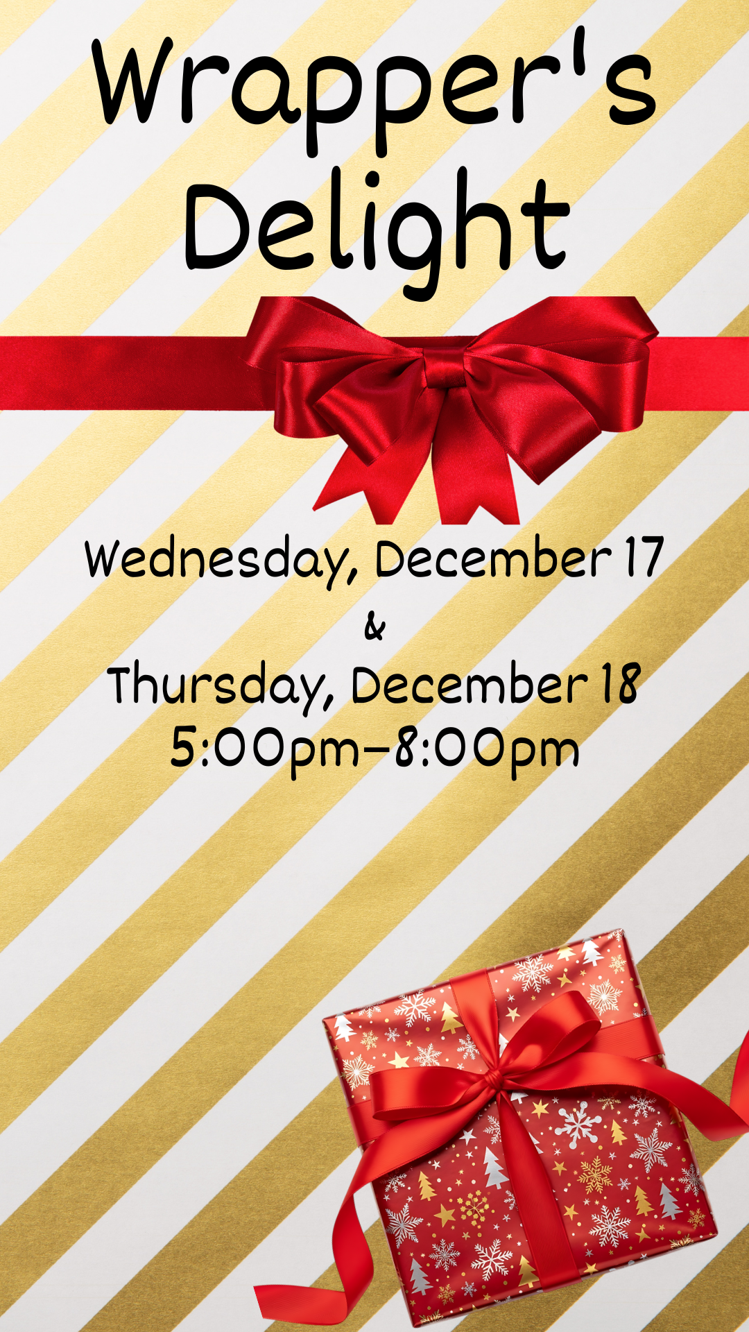 gold striped wrapping paper, a red bow, a red wrapped gift, with program details