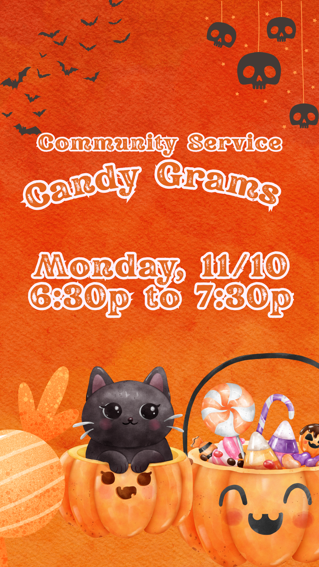 orange background with cartoon cat, pumpkin, and candy and program details