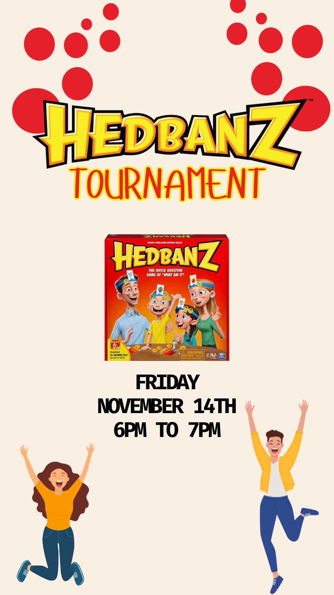 cartoon people jumping up and the game box with program details