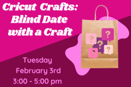 Paper bag decorated with various colorful question marks next to a description of the program.