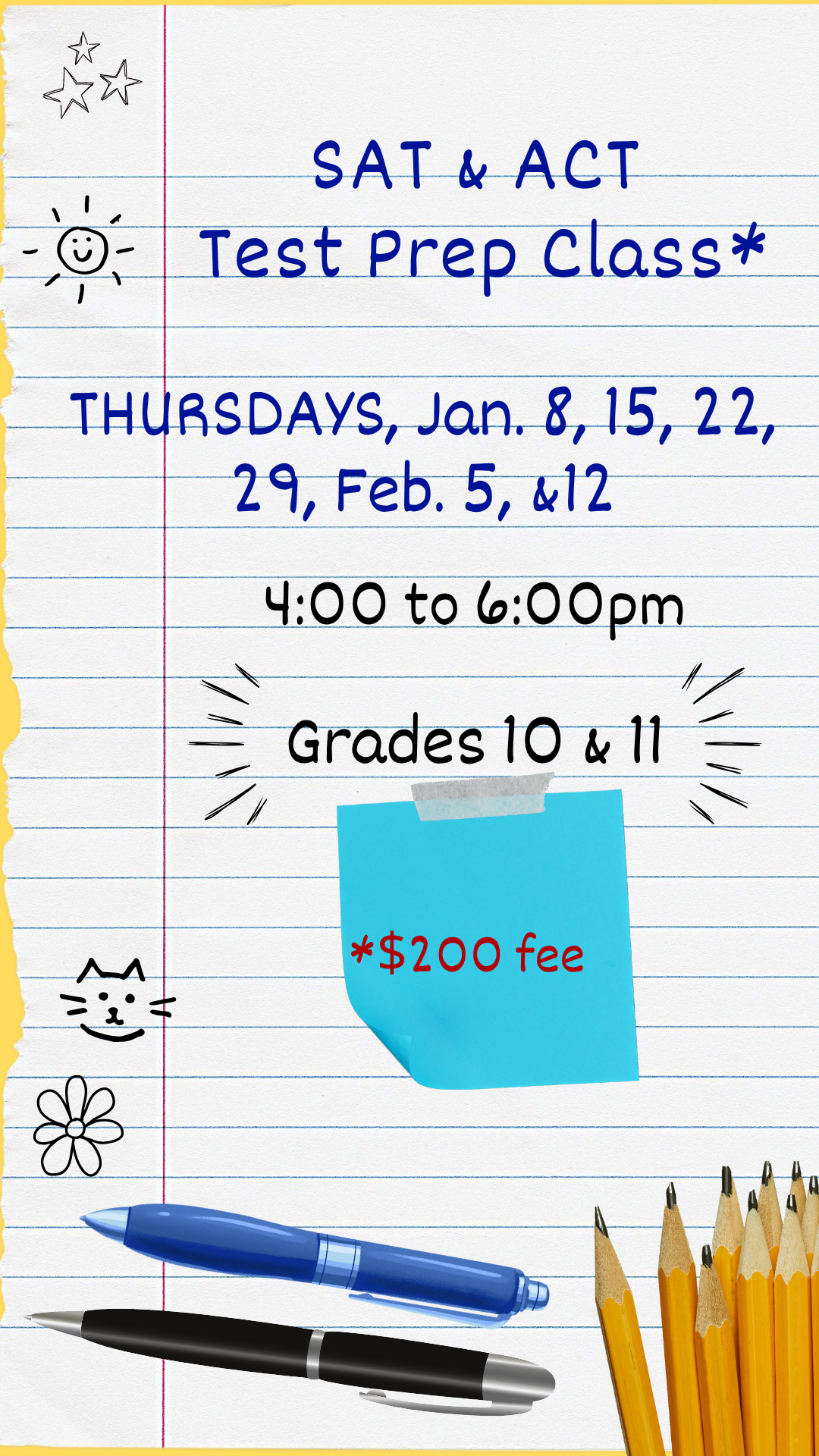 program details and doodles on a sheet of loose leaf with a pencils and pens.