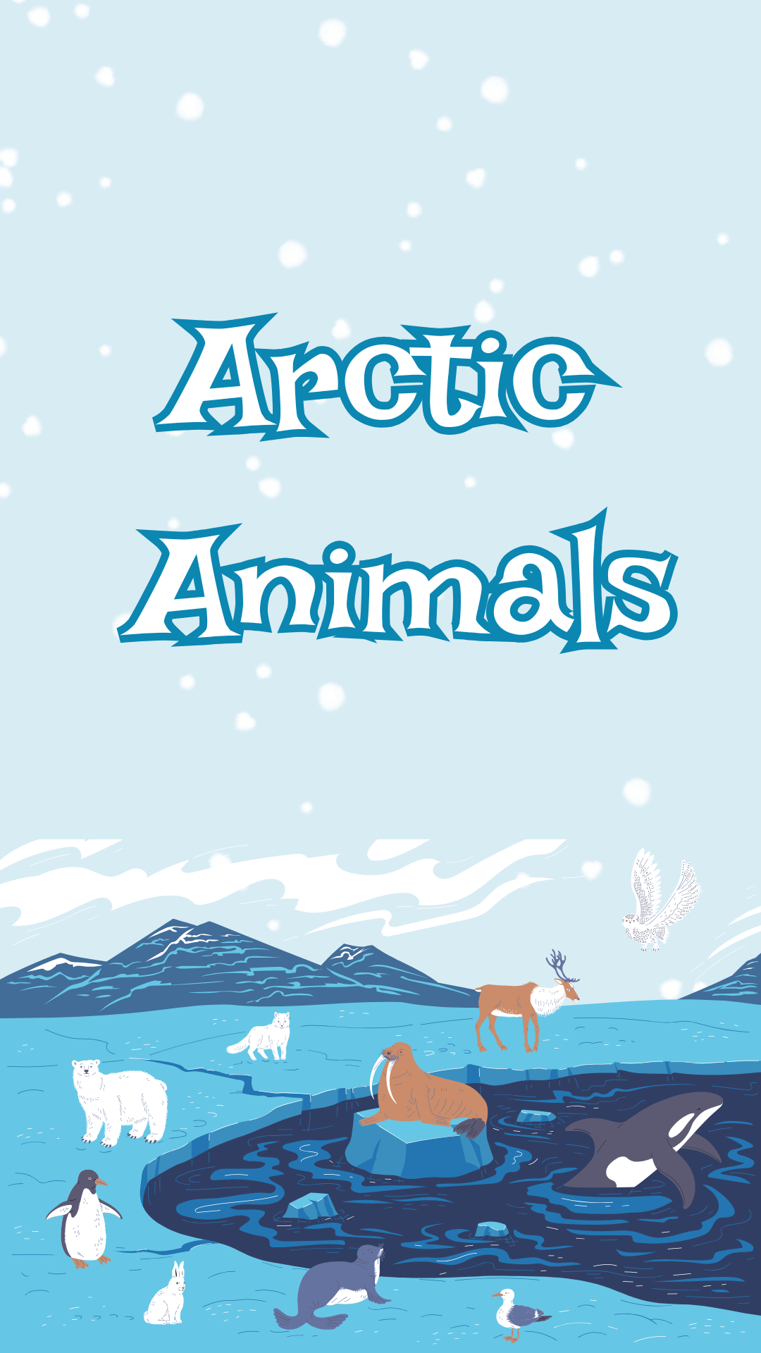 Scenery of arctic animals on an iceberg with snow in the background. Text reads "Arctic Animals."