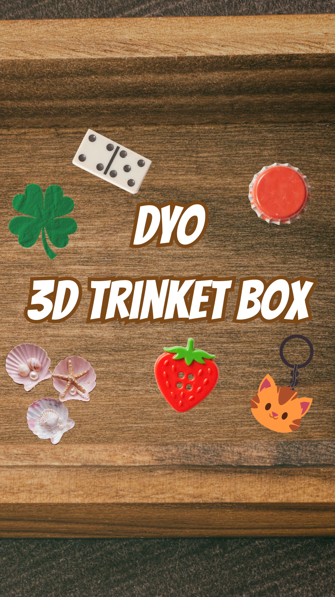 Box background with a four leaf clover, domino, bottle cap, button, cat keychain, and seashells