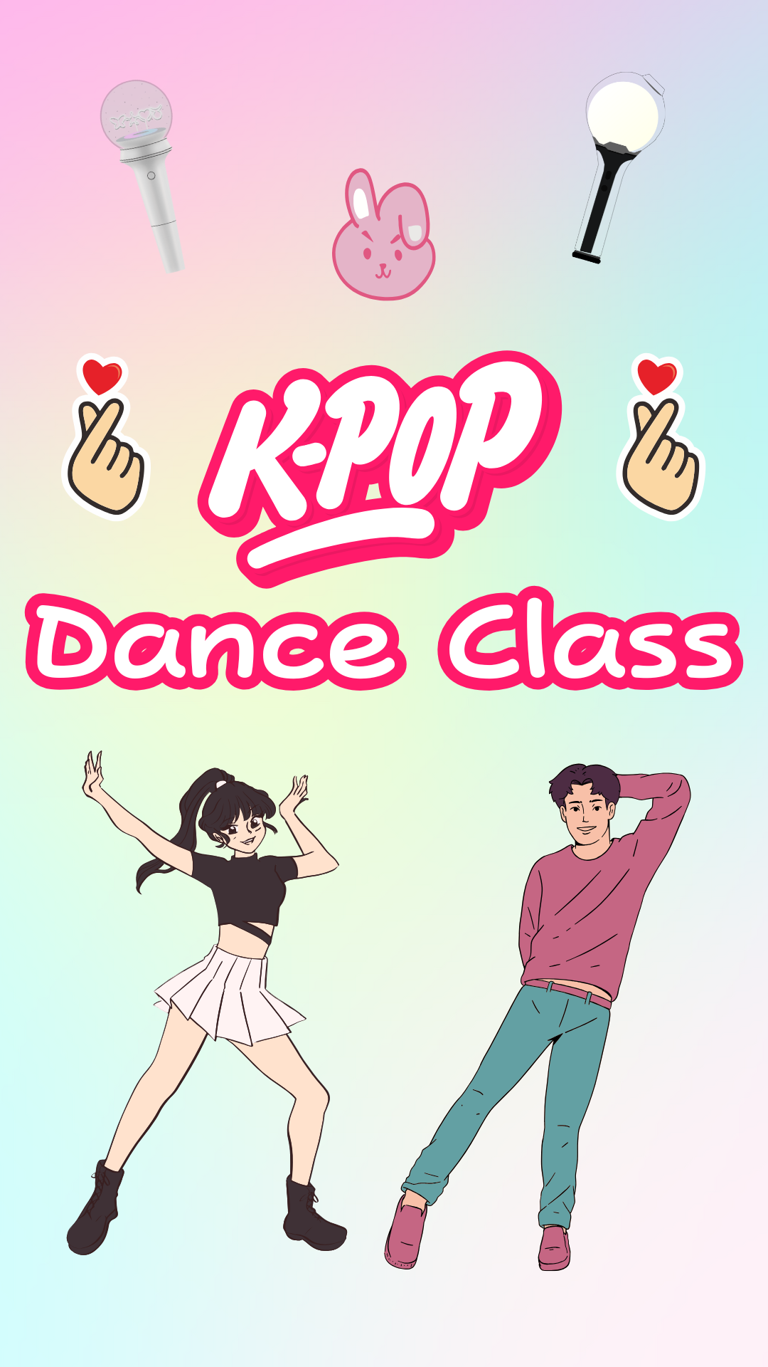 K-POP dancers, K-POP light sticks, bunny, and finger hearts. Text reads "K-POP Dance Class."