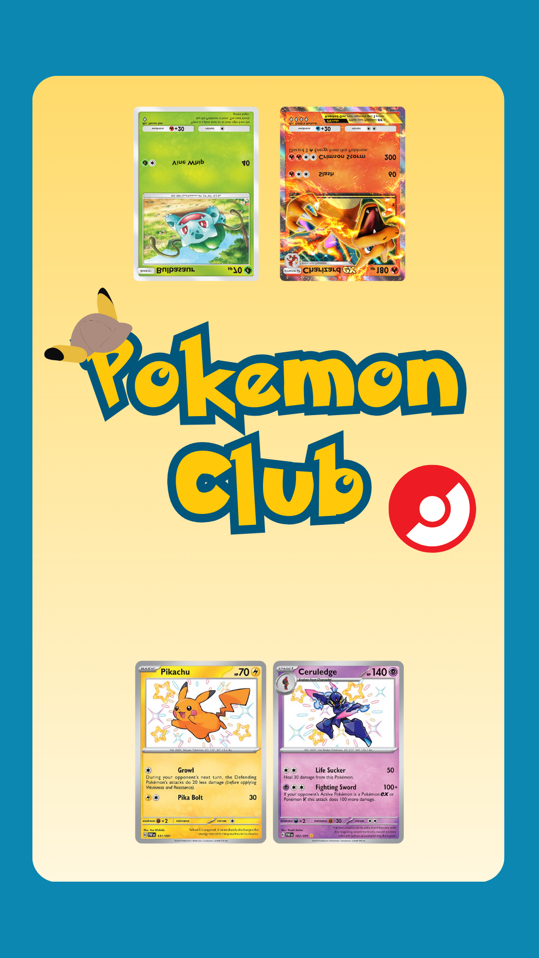 Pokemon cards, Detective Pikachu hat, and Pokeball. Text reads "Pokemon Club."