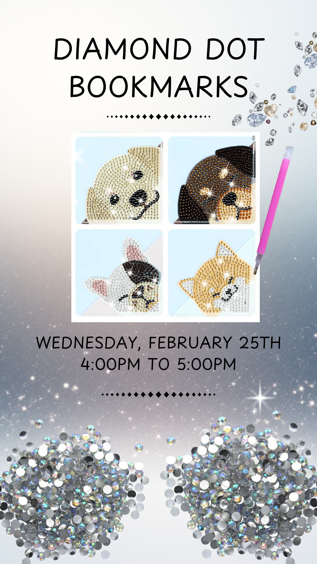 4 animal corner bookmarks in a square with bedazzling gems spread around, and program details