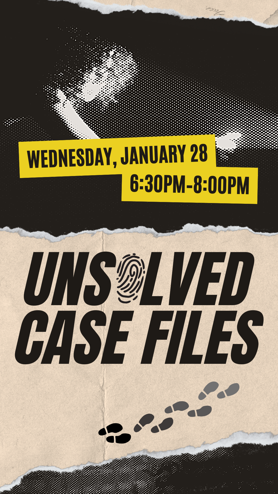 flashlight being shown on a woman, footprints, and program details