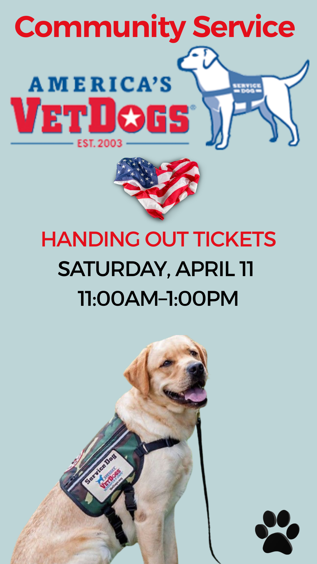 VetDogs' logo, american flag heart, yellow lab, and program details
