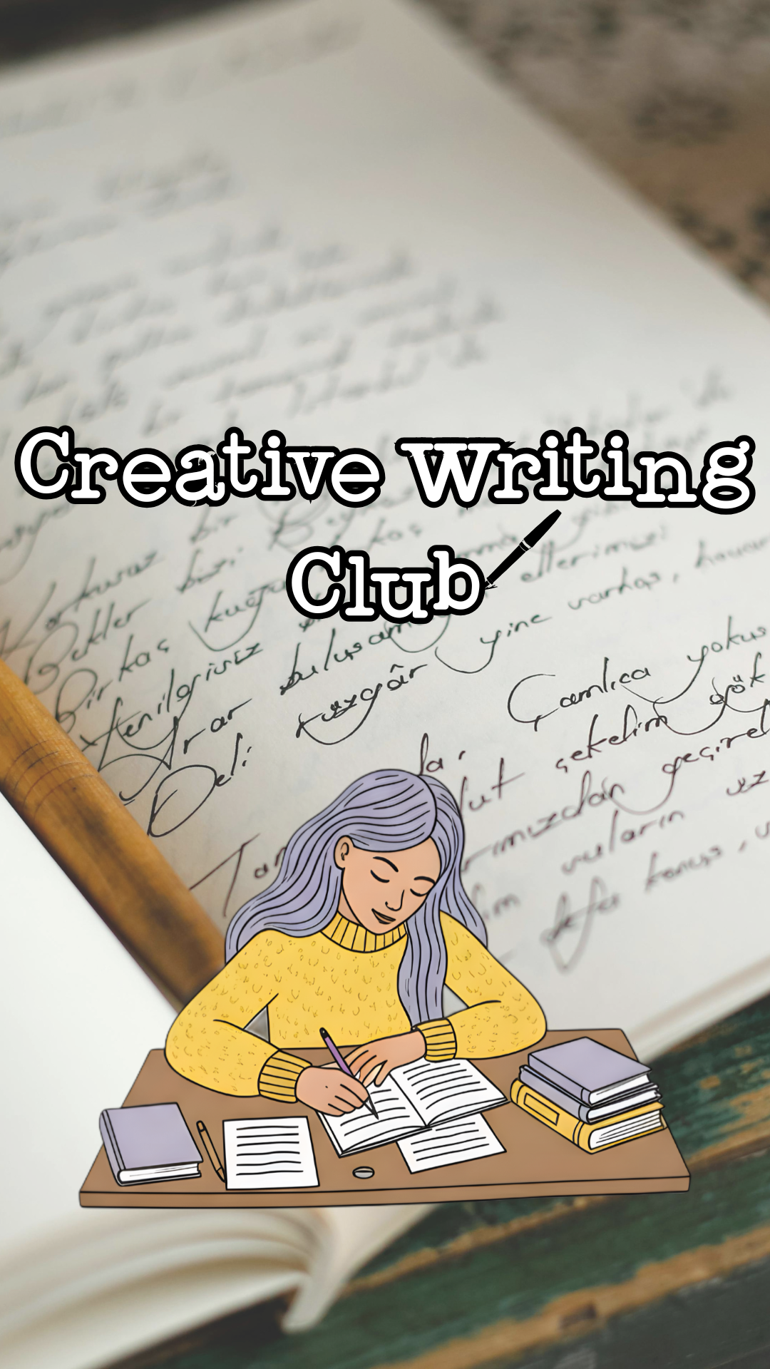 Background of journal and drawing of woman writing. Text reads "Creative Writing Club."