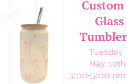 A frosted glass tumbler with pink bows all over next to a description of the program.