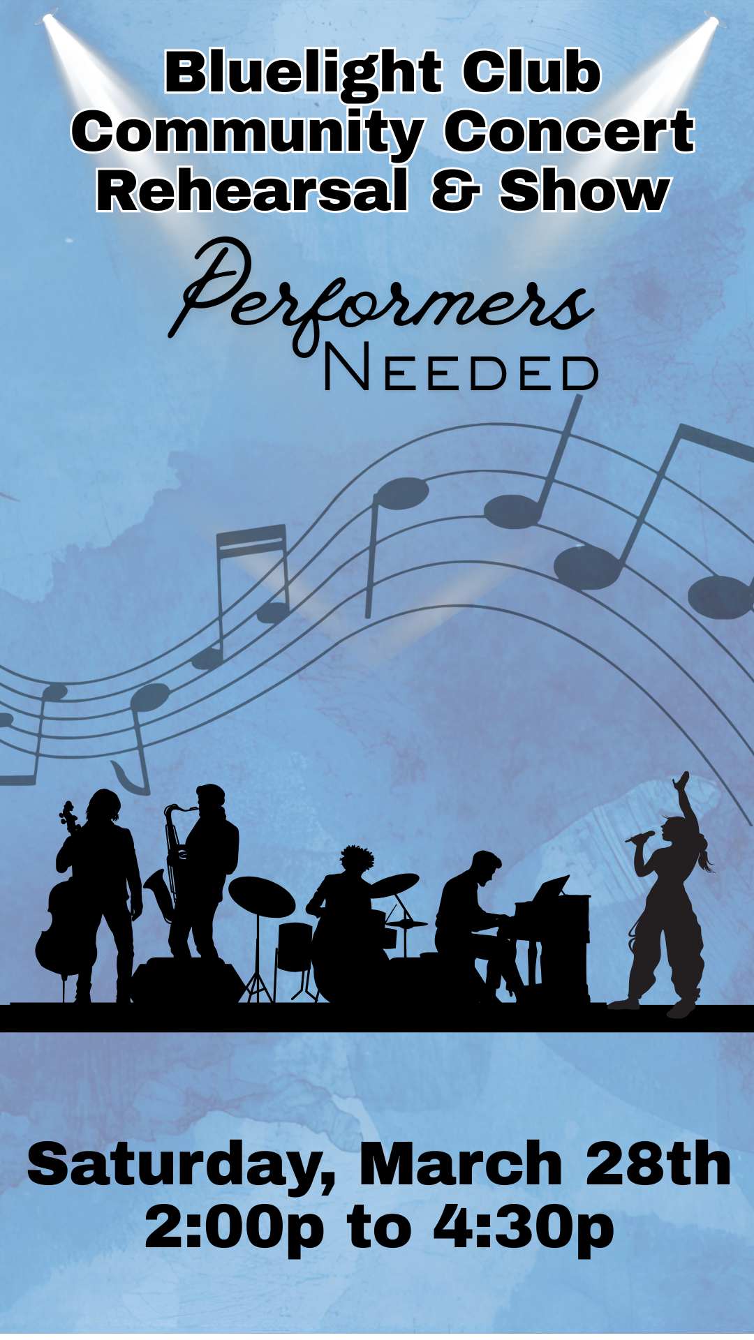 blue background with silhouette of musicians, music notes, and program details