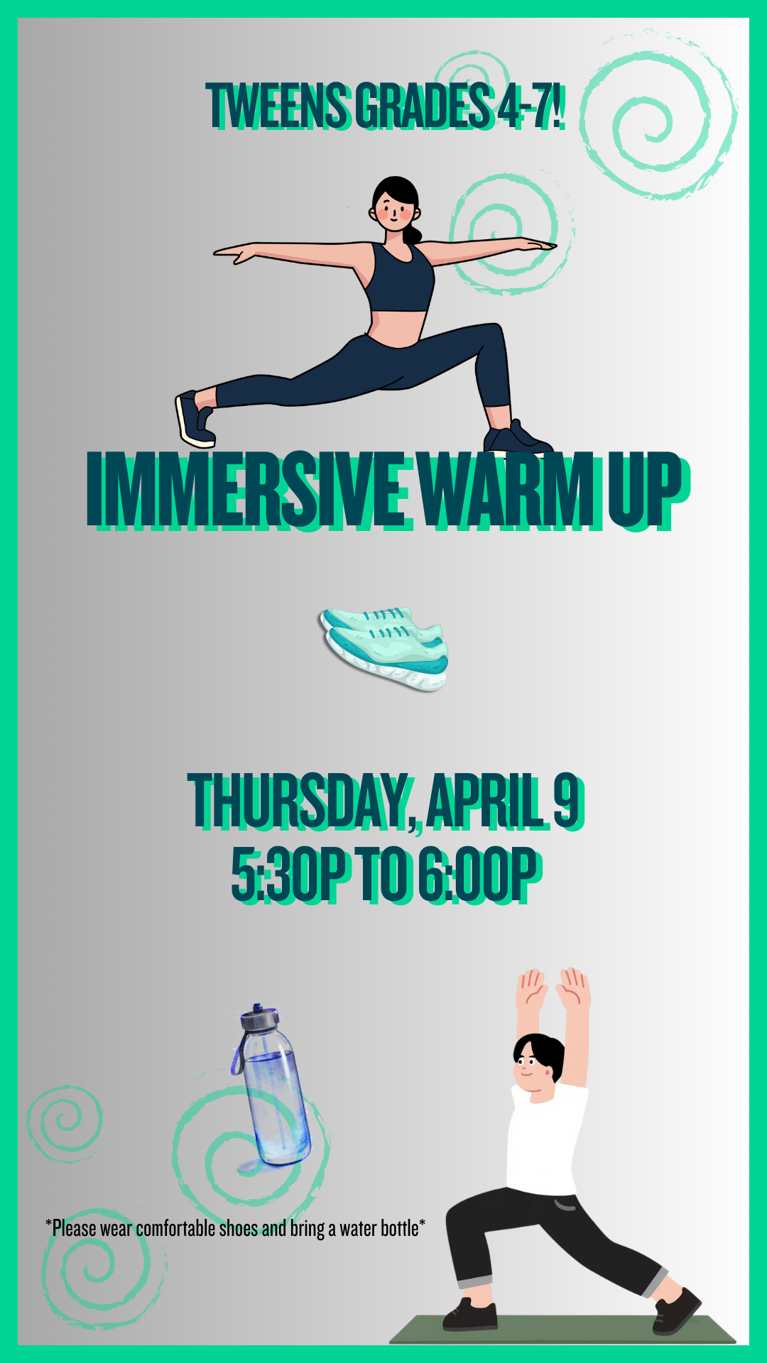 white/gray background with two cartoon people practicing yoga and program details