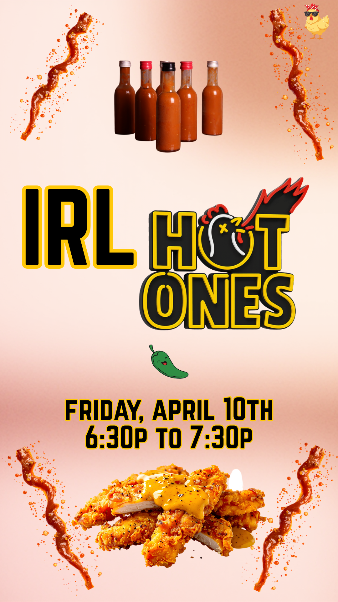 Hot Ones logo with hot sauce, chicken tenders, and program details