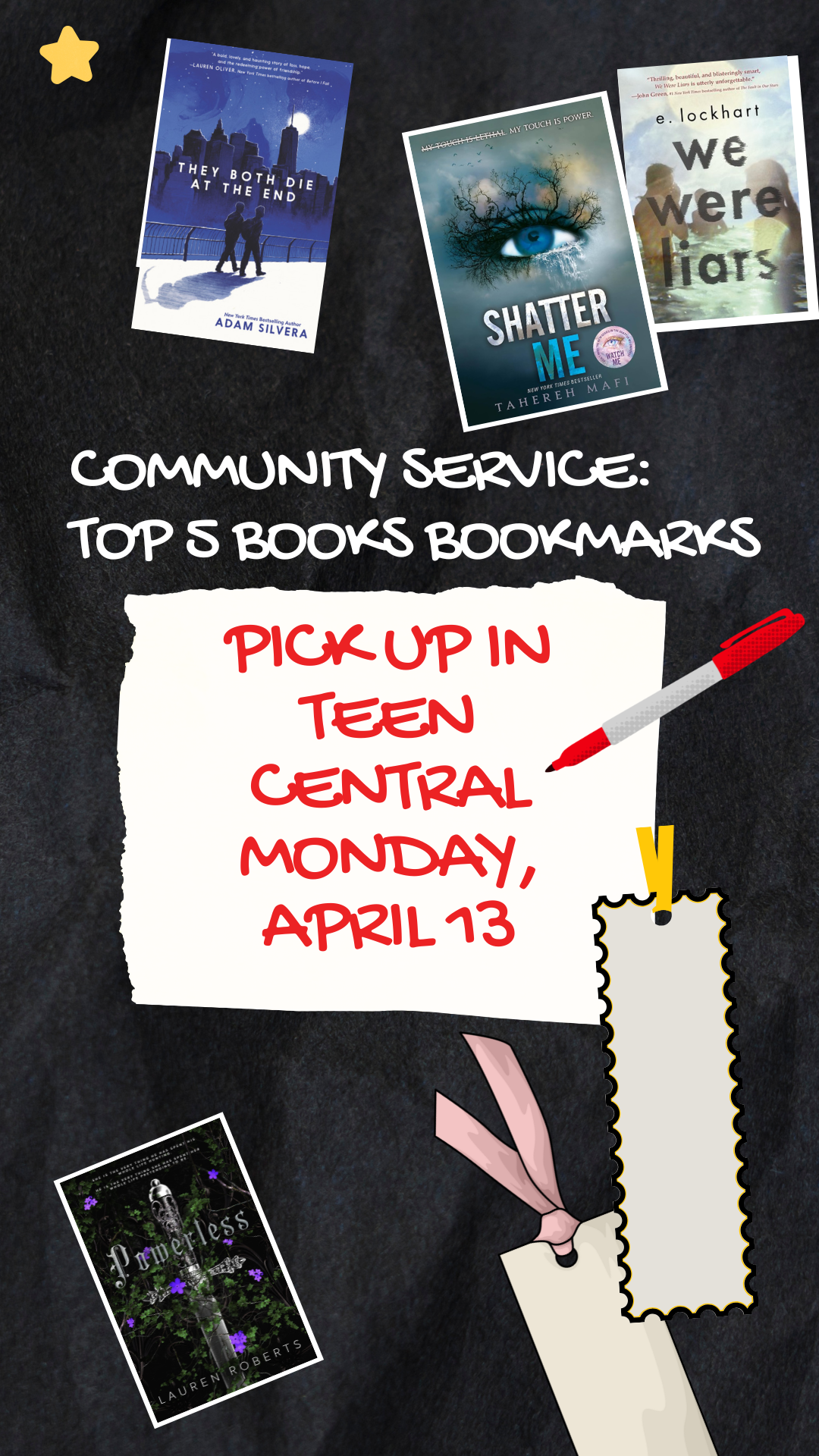 black background with covers of teen books and program details