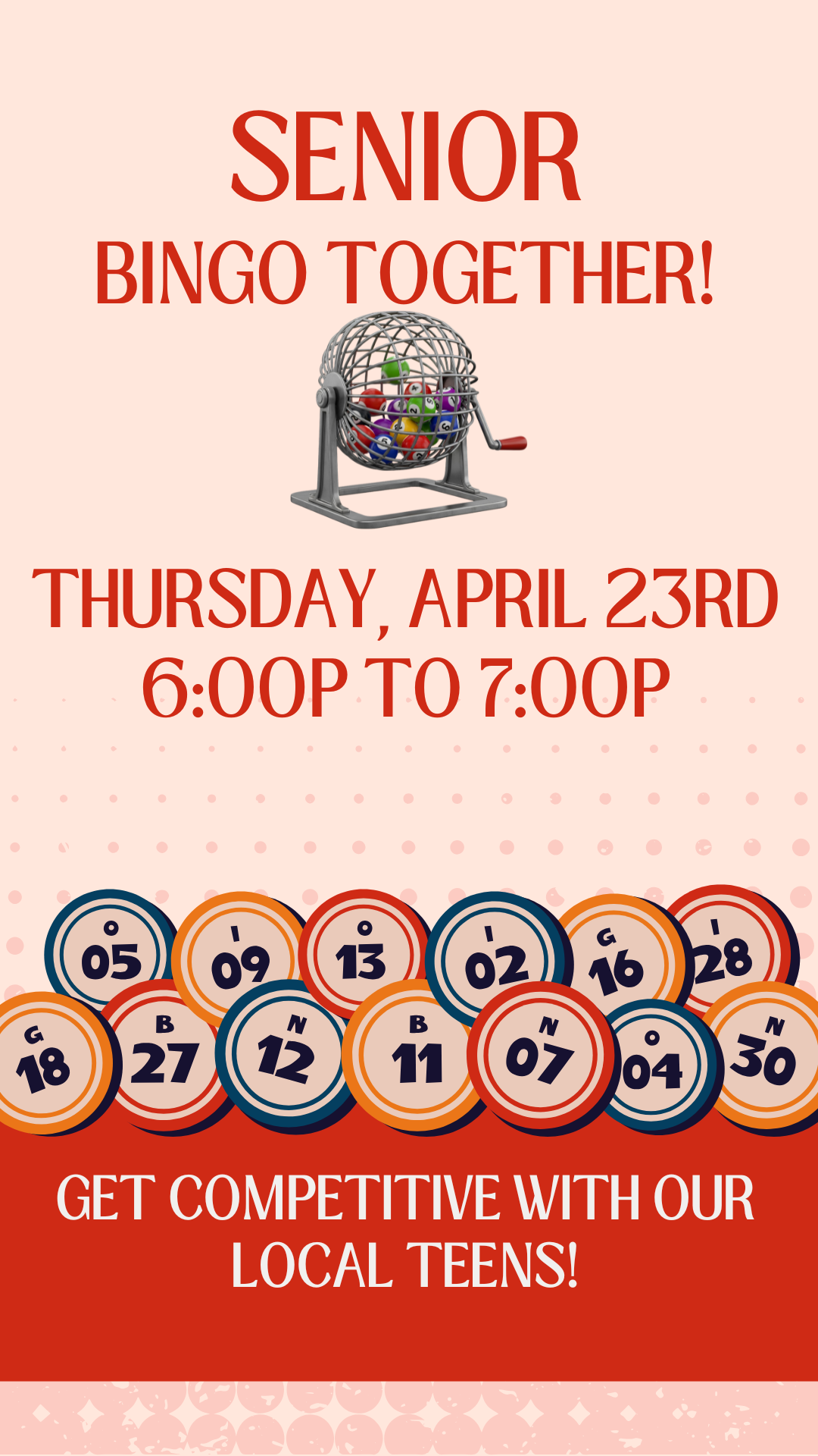 bingo cage and balls pictured with program details