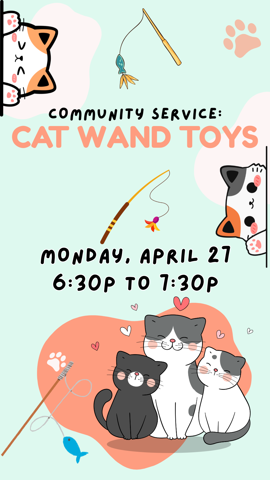 cartoon cats spread around image with cat want toys also spread out, and program details