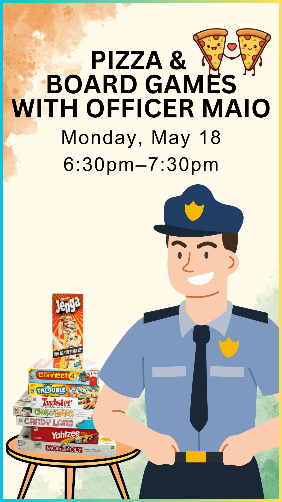 cartoon police officer with a pile of board games on a table, and program details