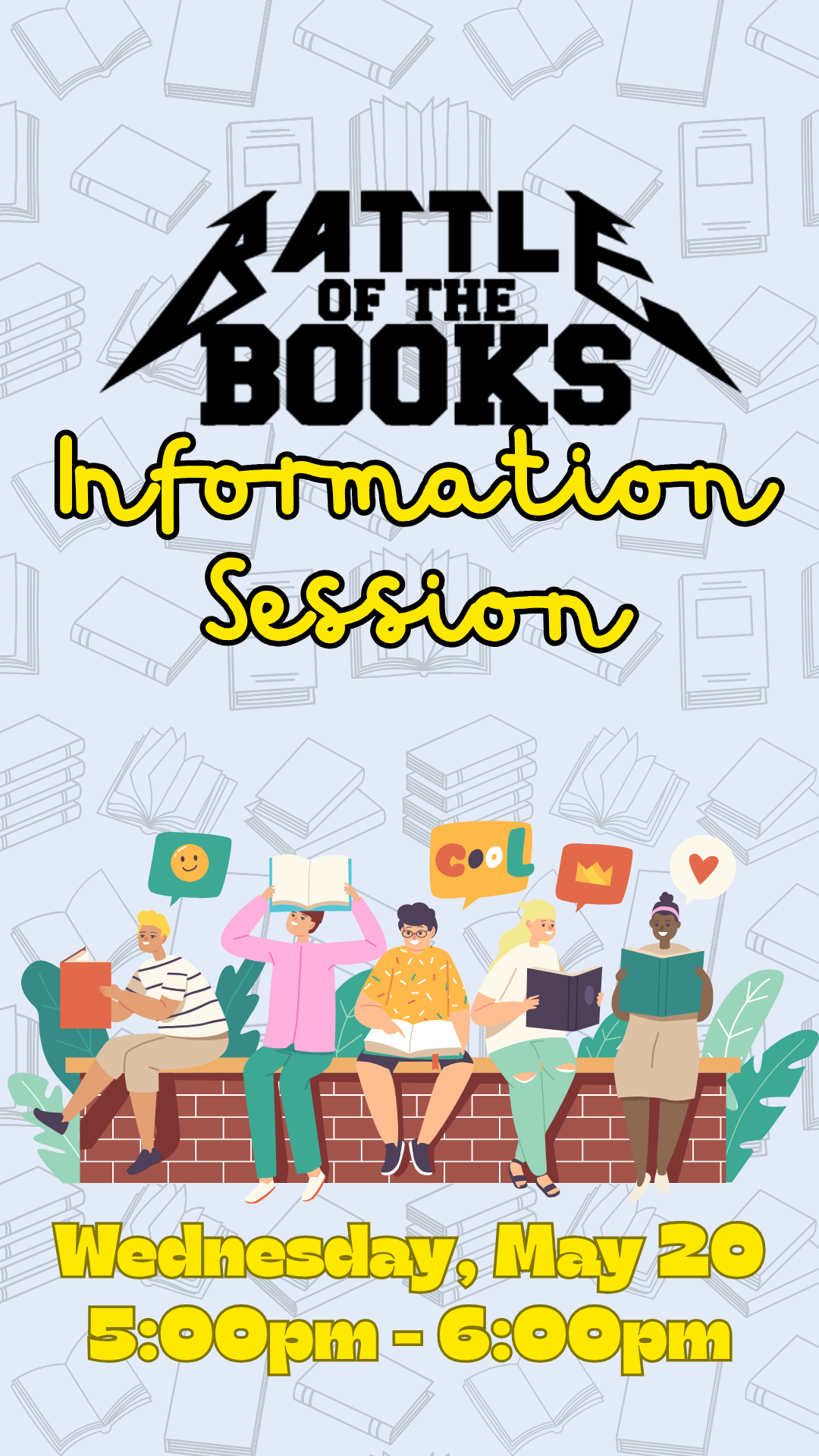 cartoon kids on a brick wall holding books with program details